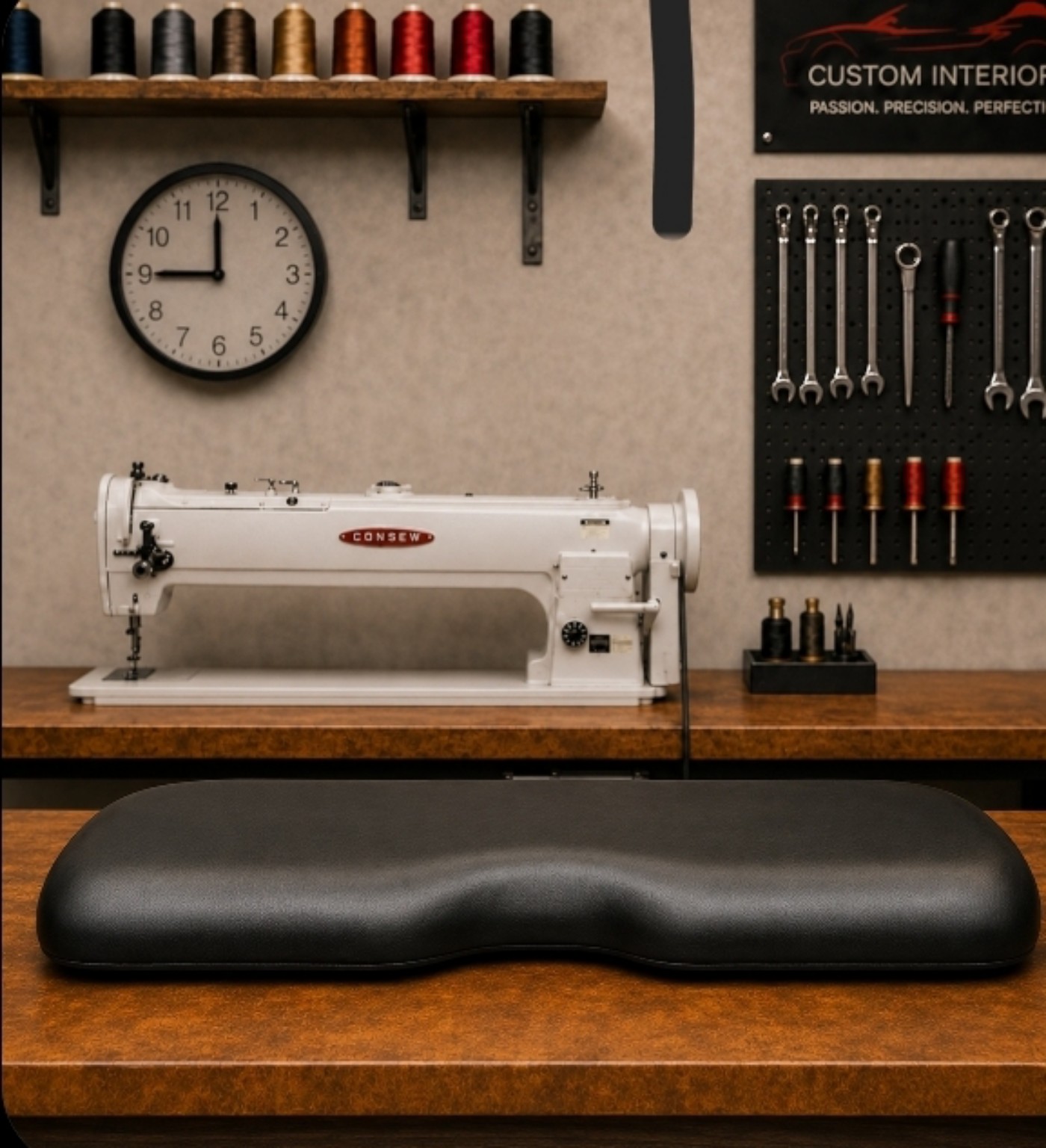 Custom upholstered bench in an upholstery workshop