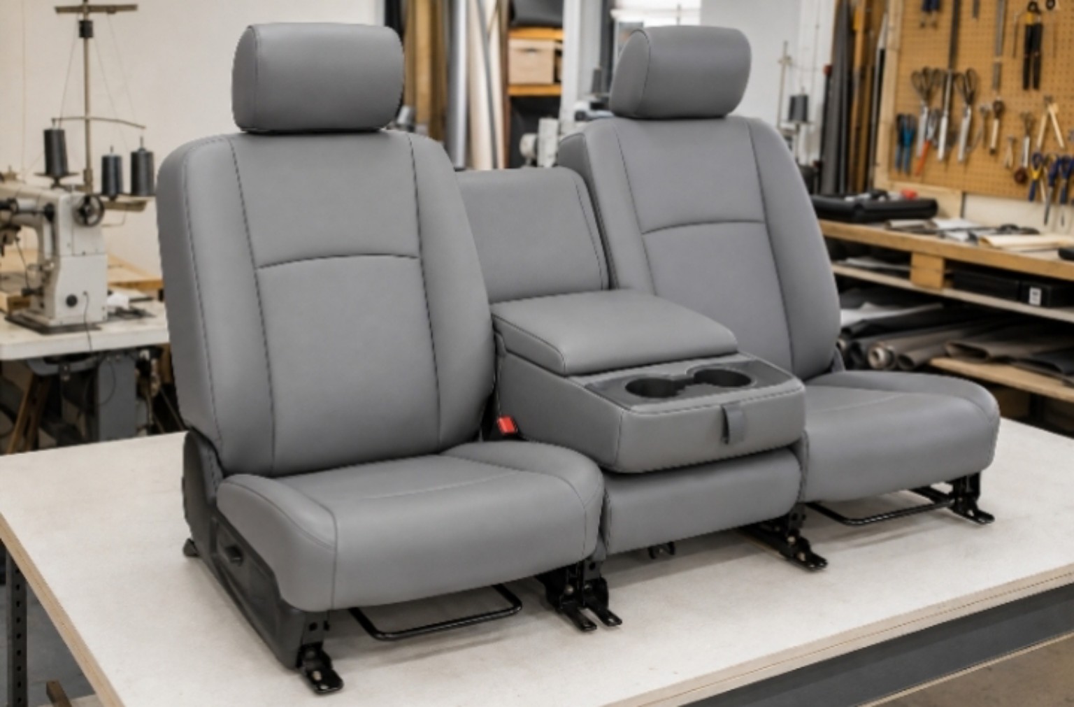 Gray truck bench seat with center console