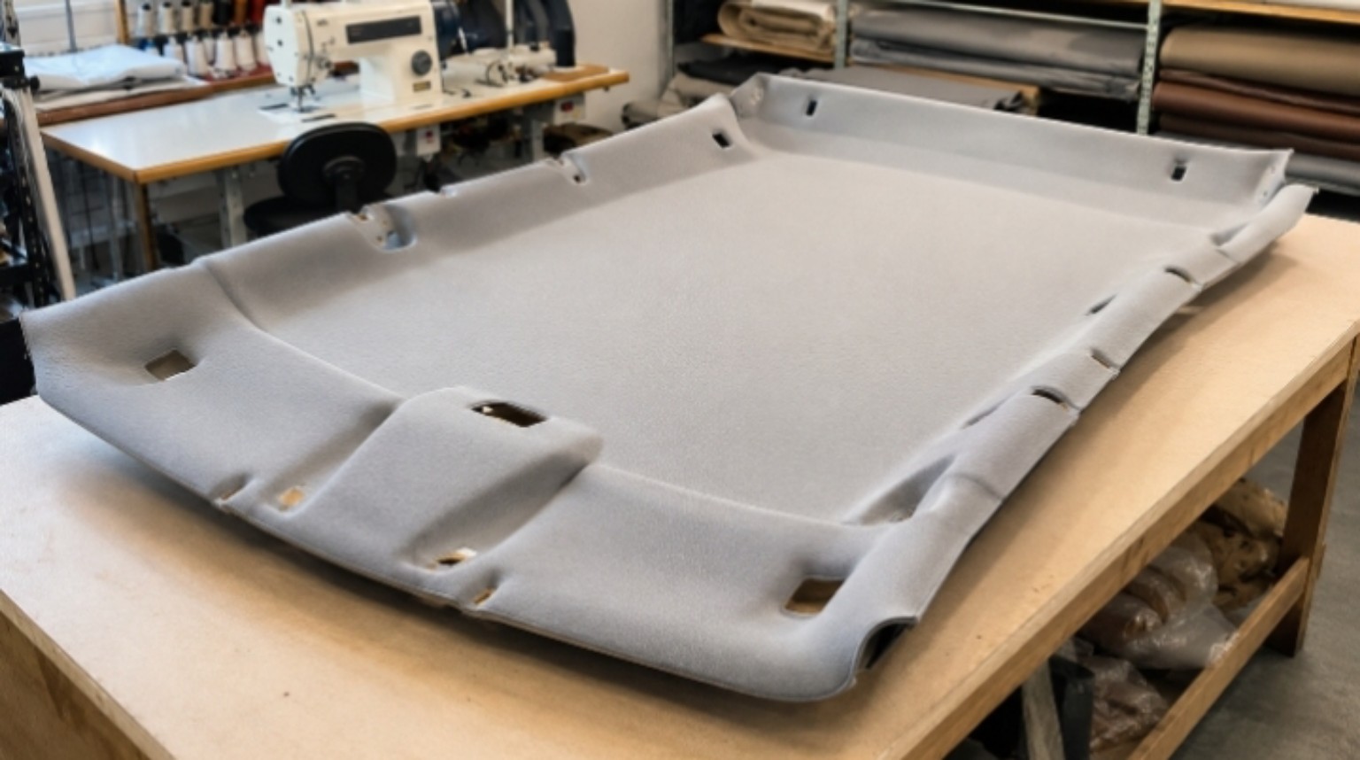 New gray automotive headliner on a worktable