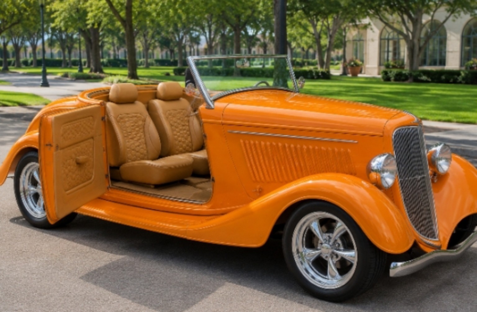 Orange classic car with tan custom interior