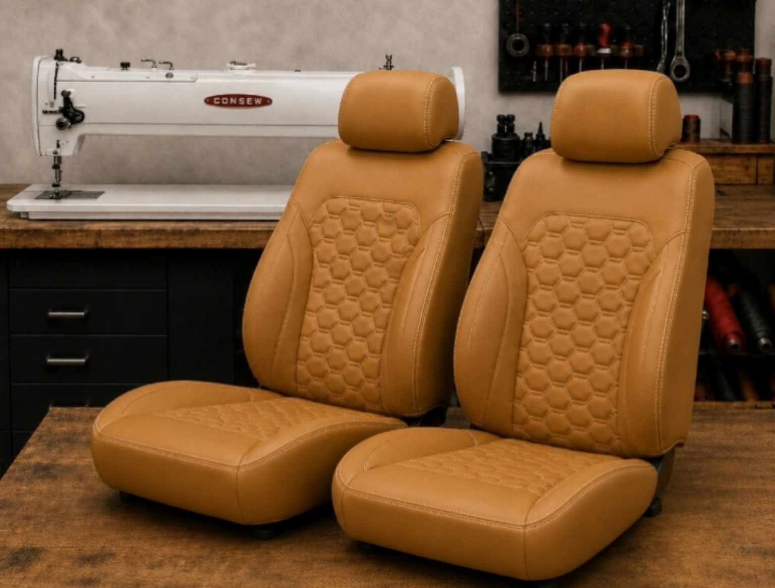 Pair of tan custom car seats with honeycomb inserts